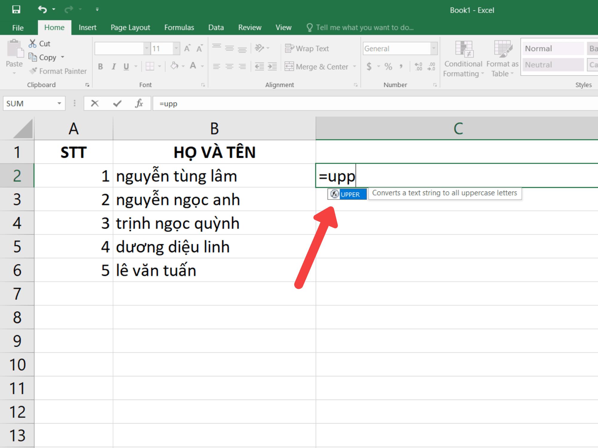 Cách chuyển chữ thường sang chữ in hoa trong Excel 2024