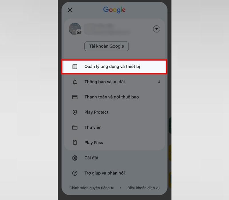 Người dùng nhấn vào tùy chọn quản lý ứng dụng và thiết bị