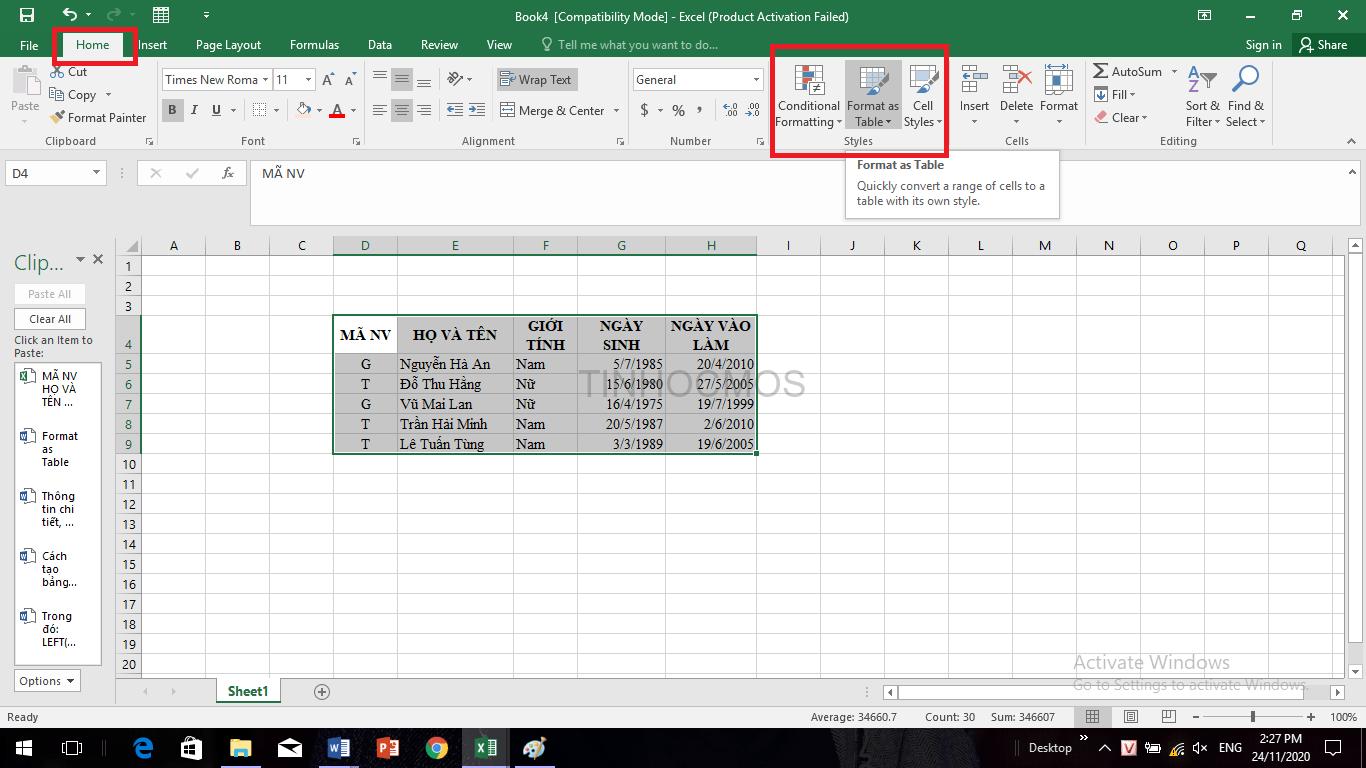 cách tạo bảng trong excel