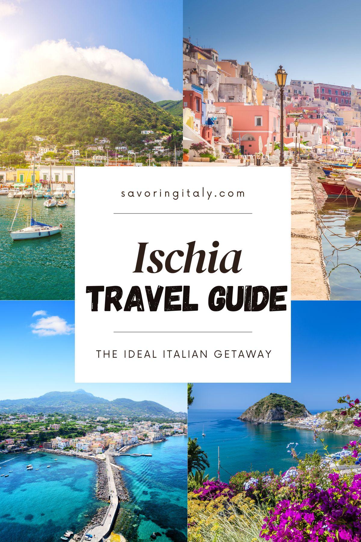 A stunning cover photo of Ischia, Italy, capturing the breathtaking coastal landscape with its azure waters and charming Mediterranean architecture. The picturesque view showcases the island