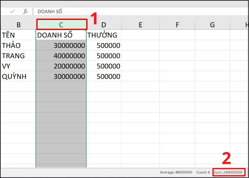 công thức tính tổng trong excel