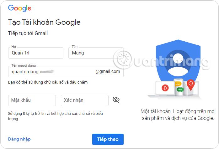 Đổi tên khác nếu tên người dùng Gmail đã tồn tại